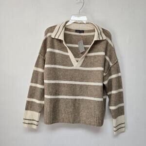 Pixi + Ivy Small Sweater Polo Top Brown Cream Stripe Stretch Prep School NWT